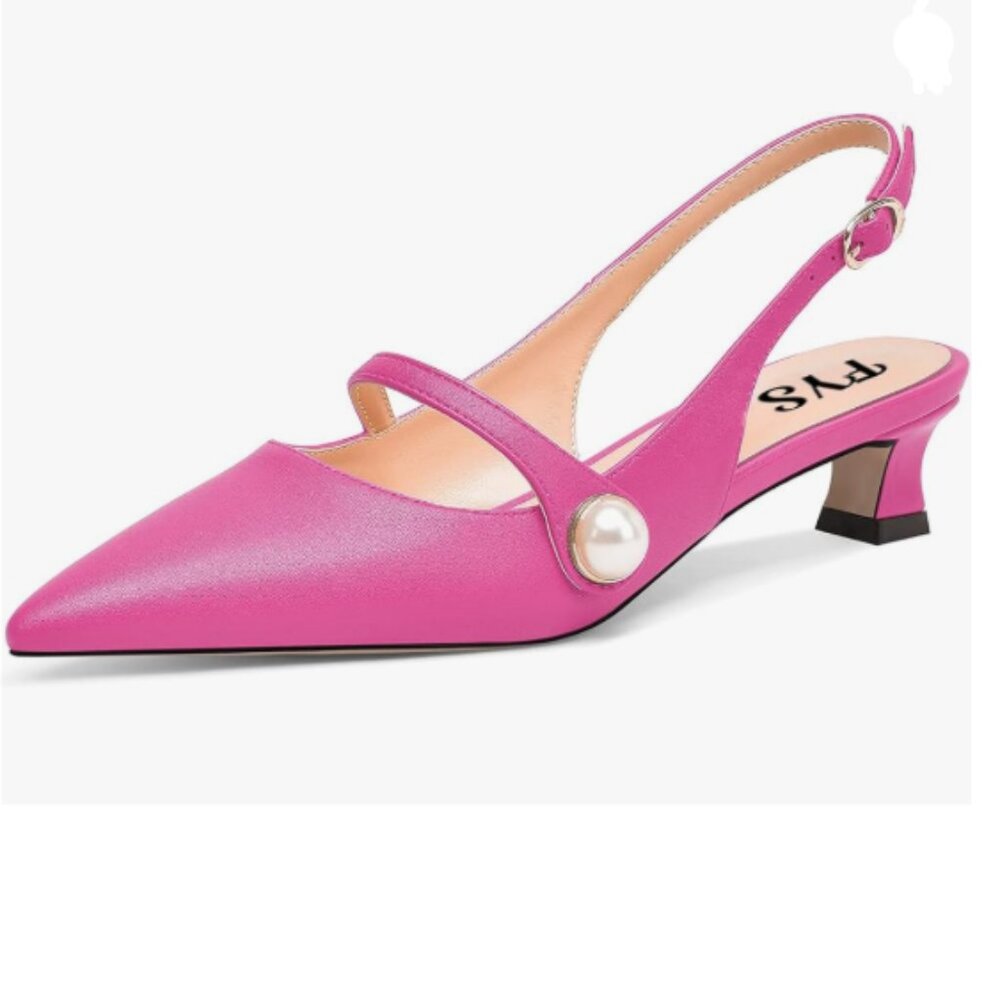 FYS Hot Pink Low Heel Slingback Pearl Pointed Toe Pumps Buckle Slip On Shoes